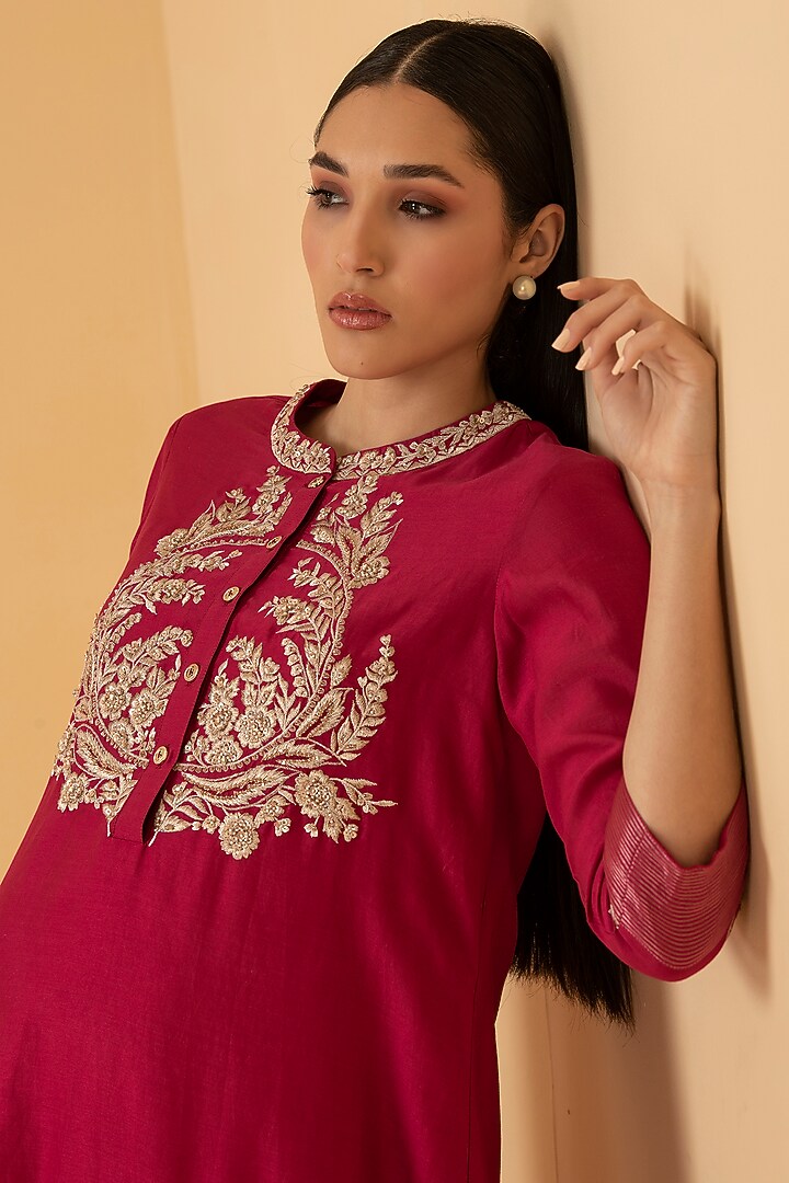 Fuchsia Pure Chanderi Zari & Pearl Embroidered Tunic Set by Divi by Sonal at Pernia's Pop Up Shop