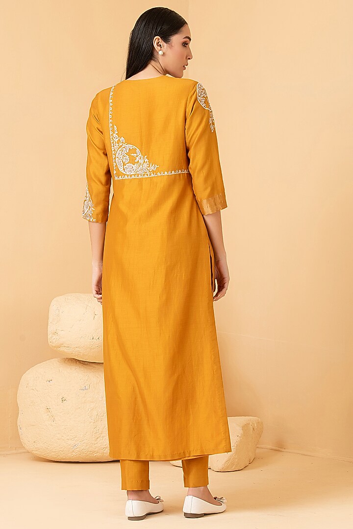Mustard Pure Chanderi Zari & Pearl Embroidered Tunic Set by Divi by Sonal at Pernia's Pop Up Shop