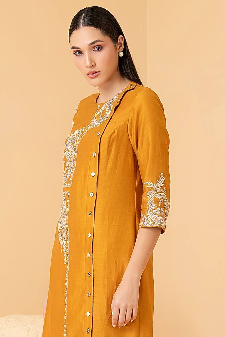 Mustard Pure Chanderi Zari & Pearl Embroidered Tunic Set by Divi by Sonal at Pernia's Pop Up Shop