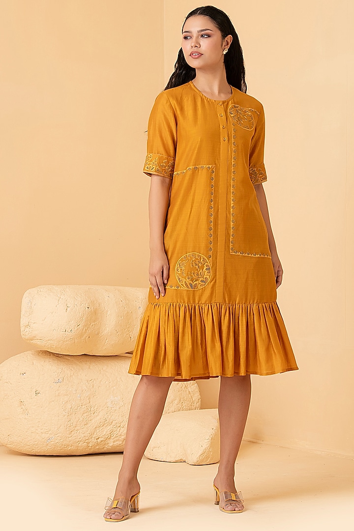 Mustard Pure Chanderi Thread Embroidered Dress by Divi by Sonal