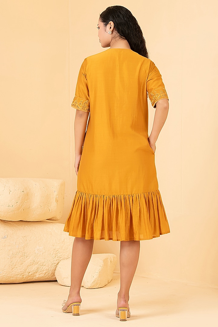 Mustard Pure Chanderi Thread Embroidered Summer Dress by Divi by Sonal at Pernia's Pop Up Shop