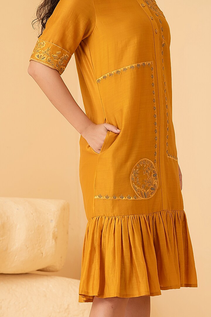 Mustard Pure Chanderi Thread Embroidered Summer Dress by Divi by Sonal at Pernia's Pop Up Shop