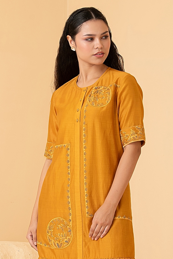 Mustard Pure Chanderi Thread Embroidered Summer Dress by Divi by Sonal at Pernia's Pop Up Shop