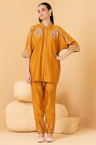 Mustard Chanderi Zari Embroidered Co-Ord Set by Divi by Sonal