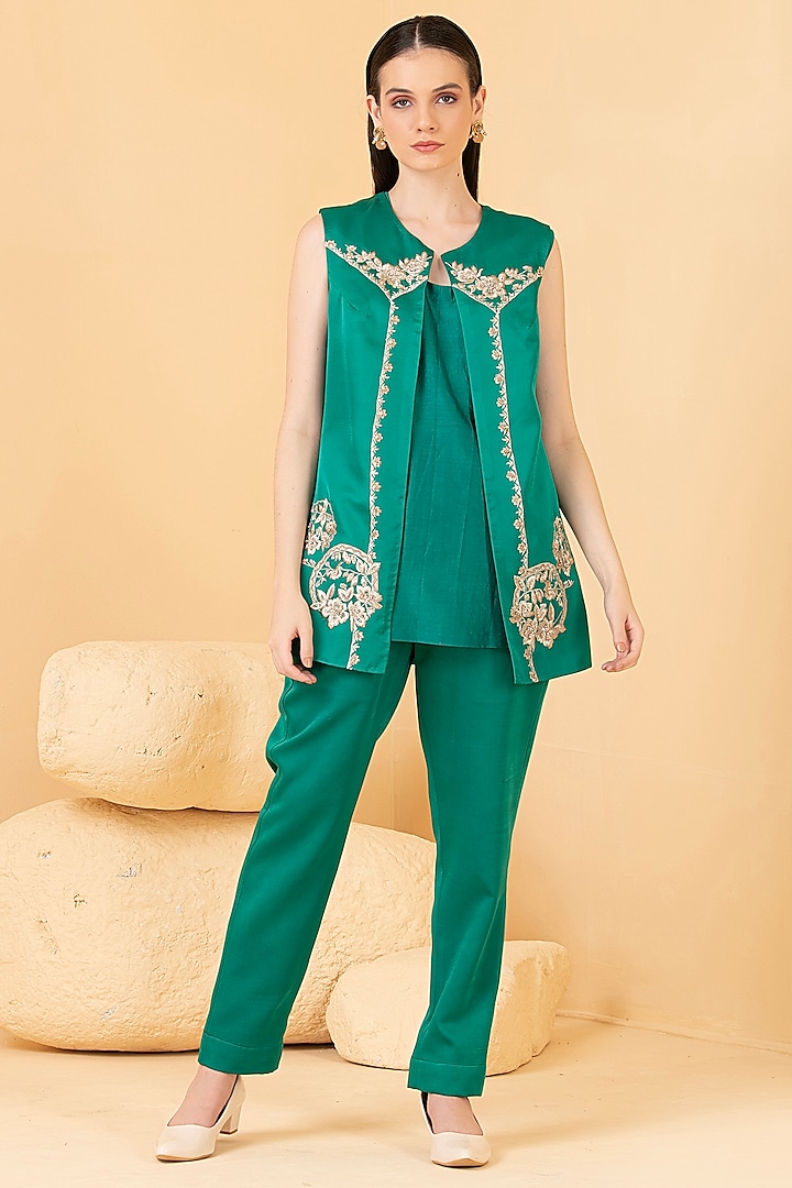 Green Modal Satin Zari & Sequins Embroidered Jacket Set by Divi by Sonal
