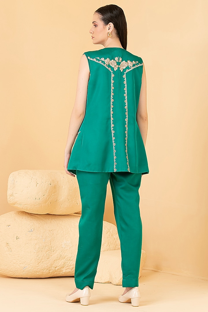 Green Modal Satin Zari & Sequins Embroidered Jacket Set by Divi by Sonal at Pernia's Pop Up Shop
