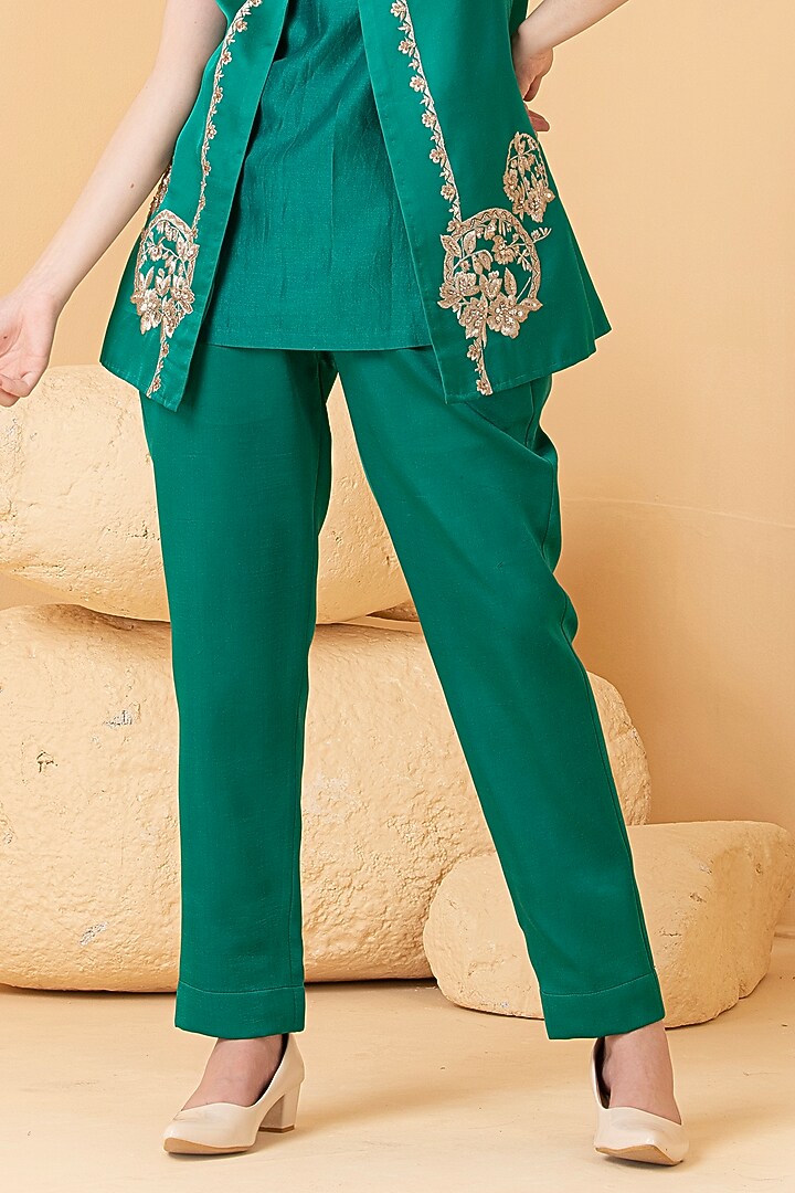 Green Modal Satin Zari & Sequins Embroidered Jacket Set by Divi by Sonal at Pernia's Pop Up Shop