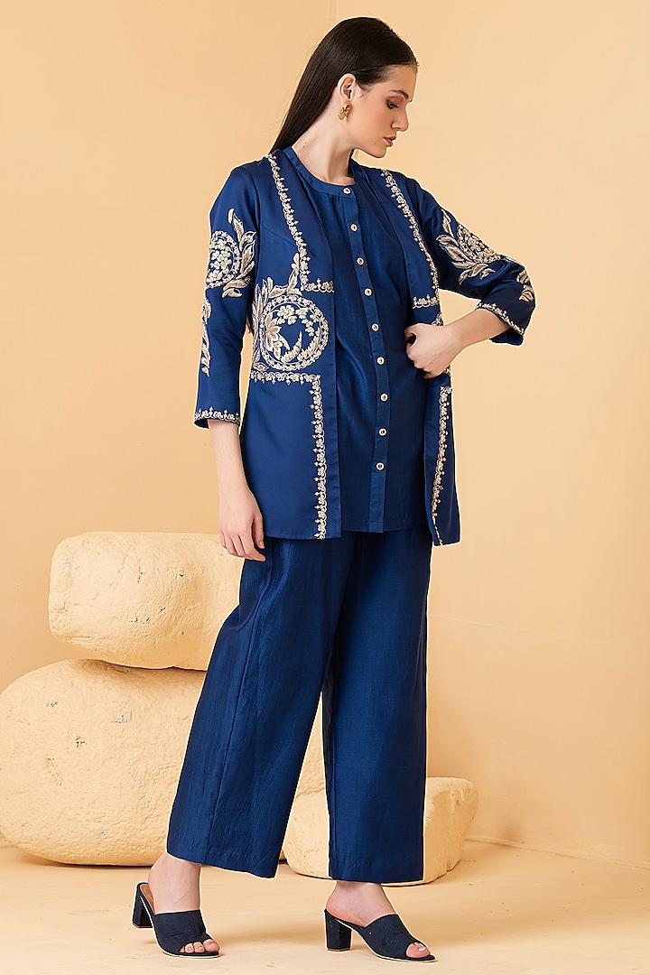 Blue Modal Satin Zari Embroidered Jacket Set by Divi by Sonal