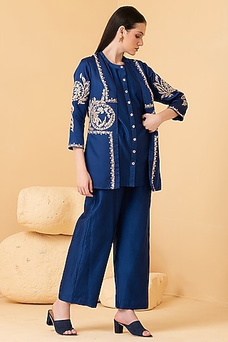 Blue Modal Satin Zari Embroidered Jacket Set by Divi by Sonal