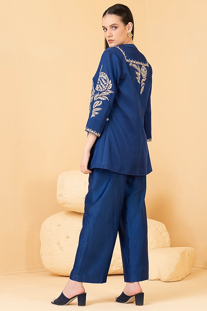 Blue Modal Satin Zari Embroidered Jacket Set by Divi by Sonal at Pernia's Pop Up Shop