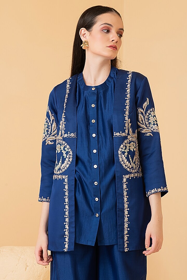 Blue Modal Satin Zari Embroidered Jacket Set by Divi by Sonal at Pernia's Pop Up Shop