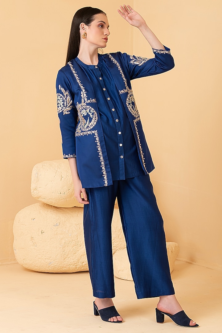 Blue Modal Satin Zari Embroidered Jacket Set by Divi by Sonal at Pernia's Pop Up Shop