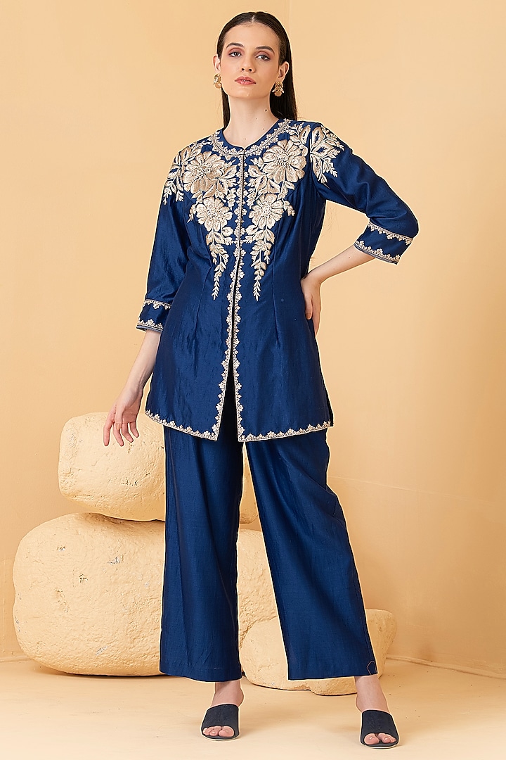 Blue Pure Chanderi Zari Embroidered Co-Ord Set by Divi by Sonal