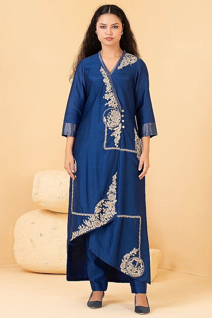Blue Pure Chanderi Zari Embroidered Tunic Set by Divi by Sonal