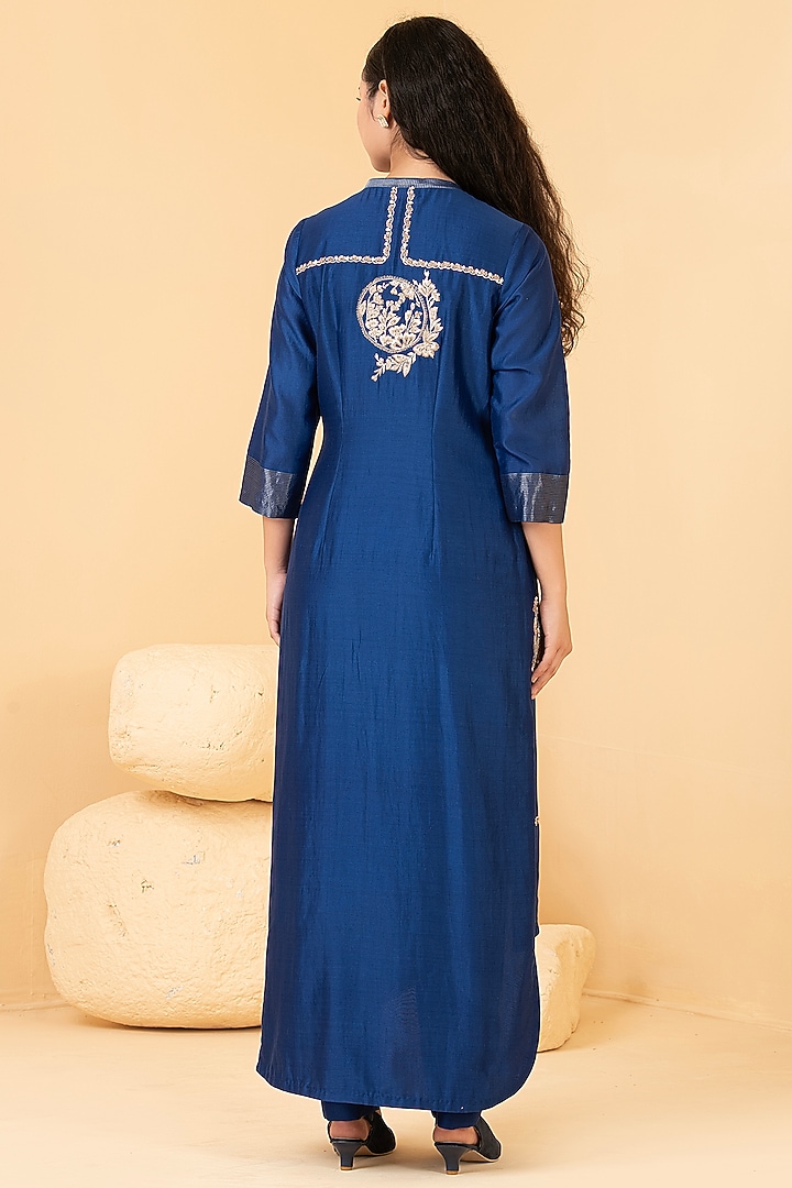 Blue Pure Chanderi Zari Embroidered Tunic Set by Divi by Sonal at Pernia's Pop Up Shop
