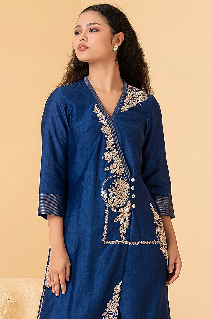 Blue Pure Chanderi Zari Embroidered Tunic Set by Divi by Sonal at Pernia's Pop Up Shop