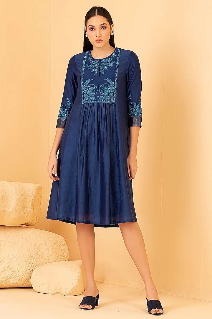 Blue Pure Chanderi Thread Embroidered Dress by Divi by Sonal