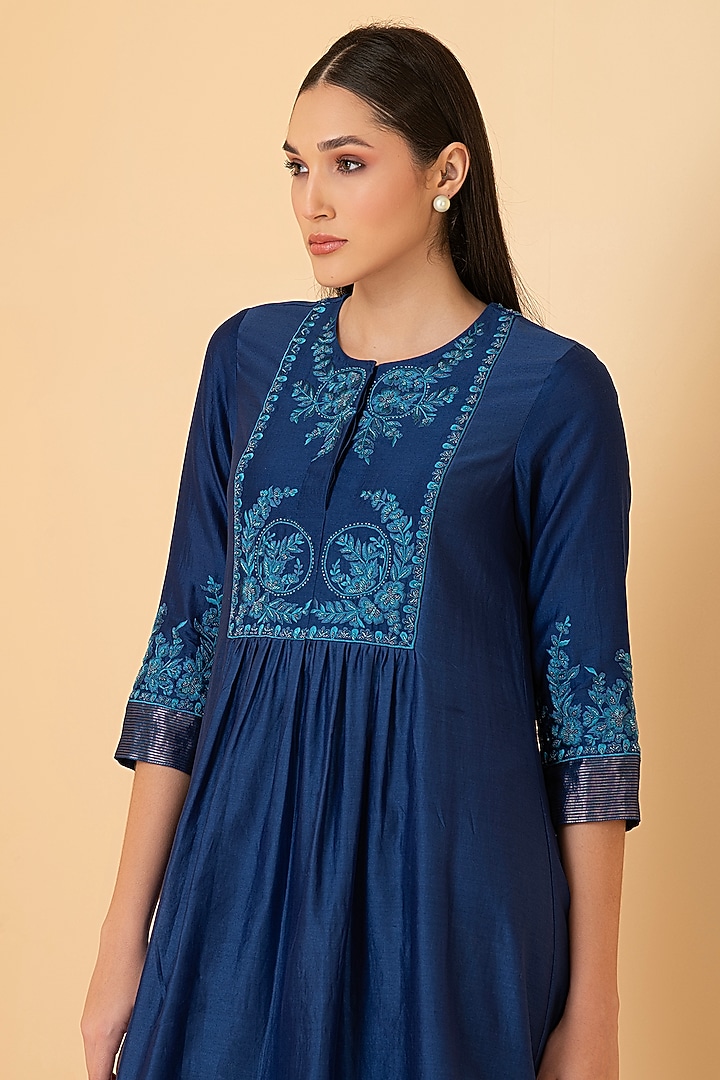 Blue Pure Chanderi Thread Embroidered Summer Dress by Divi by Sonal at Pernia's Pop Up Shop