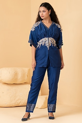 Blue Pure Chanderi Zari Embroidered Co-Ord Set by Divi by Sonal