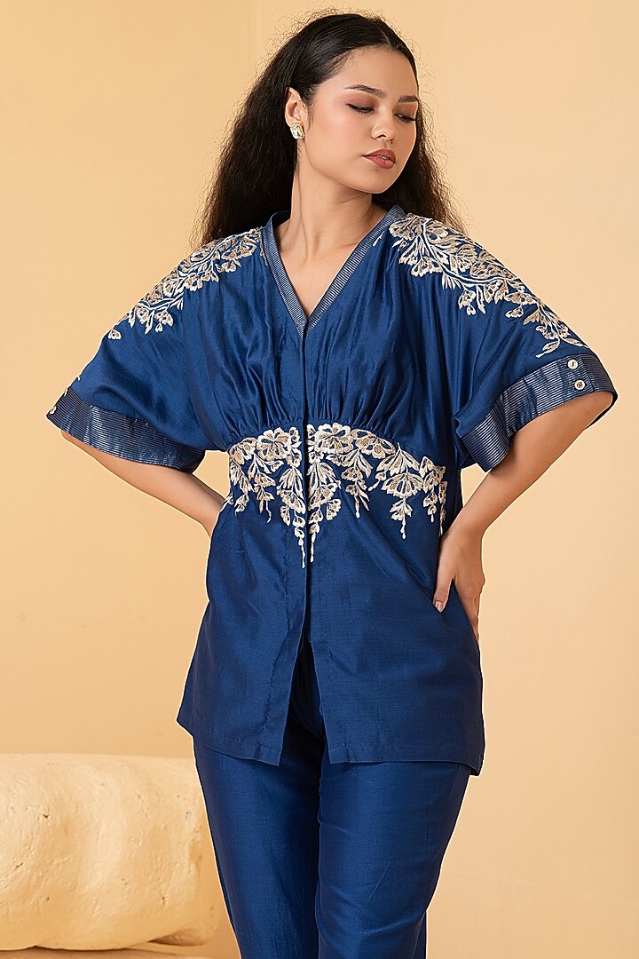 Blue Pure Chanderi Zari Embroidered Co-Ord Set by Divi by Sonal at Pernia's Pop Up Shop