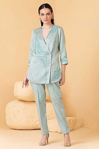Powder Blue Modal Satin Zari Embroidered Jacket Set by Divi by Sonal