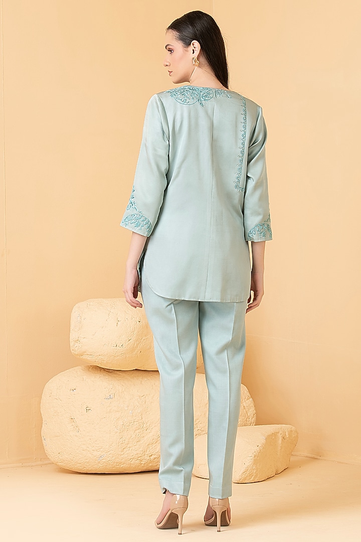 Powder Blue Modal Satin Zari Embroidered Jacket Set by Divi by Sonal at Pernia's Pop Up Shop