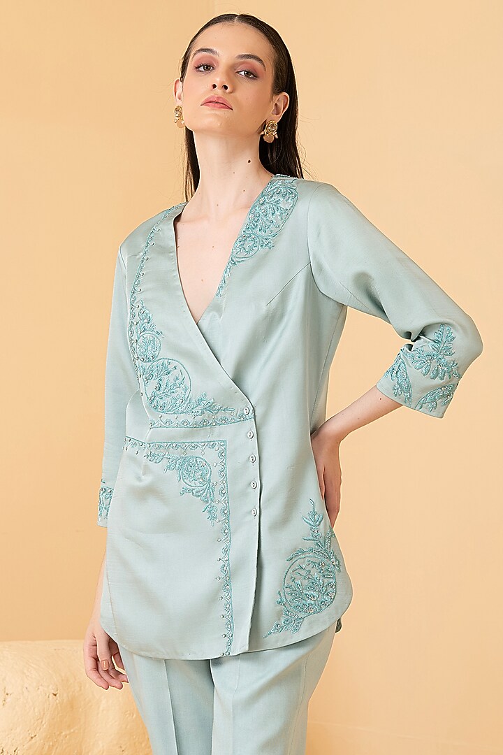 Powder Blue Modal Satin Zari Embroidered Jacket Set by Divi by Sonal at Pernia's Pop Up Shop