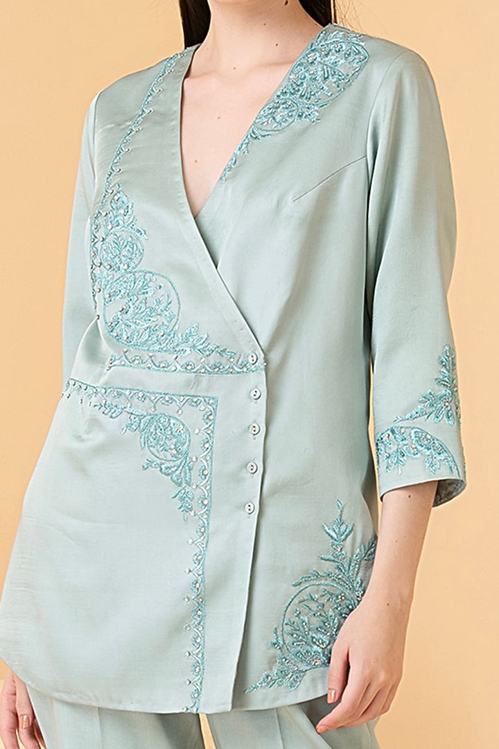 Powder Blue Modal Satin Zari Embroidered Jacket Set by Divi by Sonal at Pernia's Pop Up Shop
