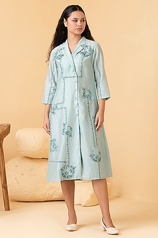 Powder Blue Pure Chanderi Thread Embroidered Coat Dress by Divi by Sonal
