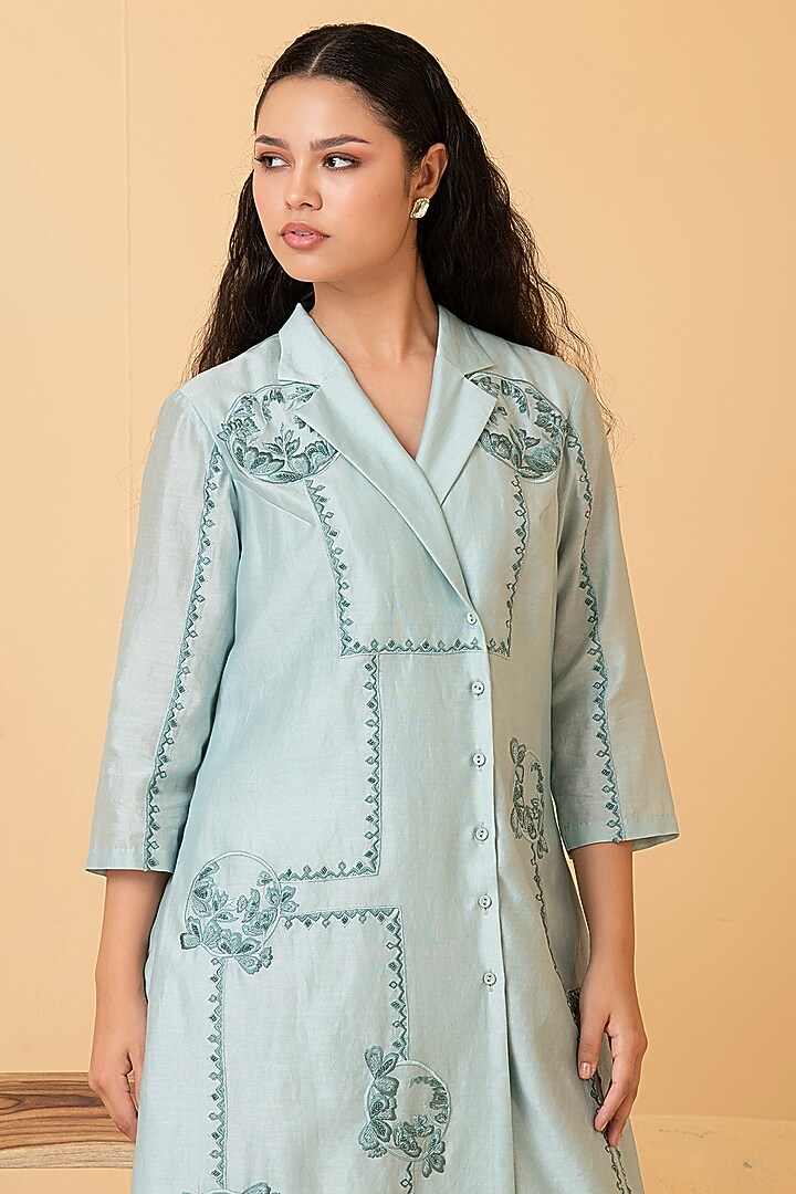 Powder Blue Pure Chanderi Thread Embroidered Coat Vacation Dress by Divi by Sonal at Pernia's Pop Up Shop