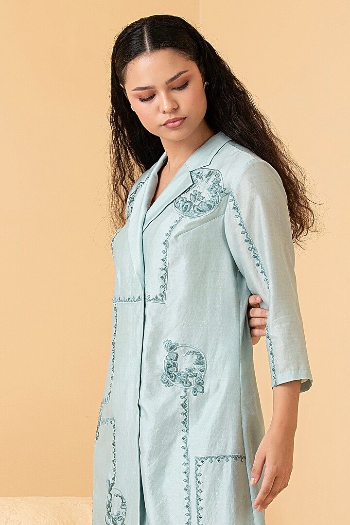 Powder Blue Pure Chanderi Thread Embroidered Coat Vacation Dress by Divi by Sonal at Pernia's Pop Up Shop