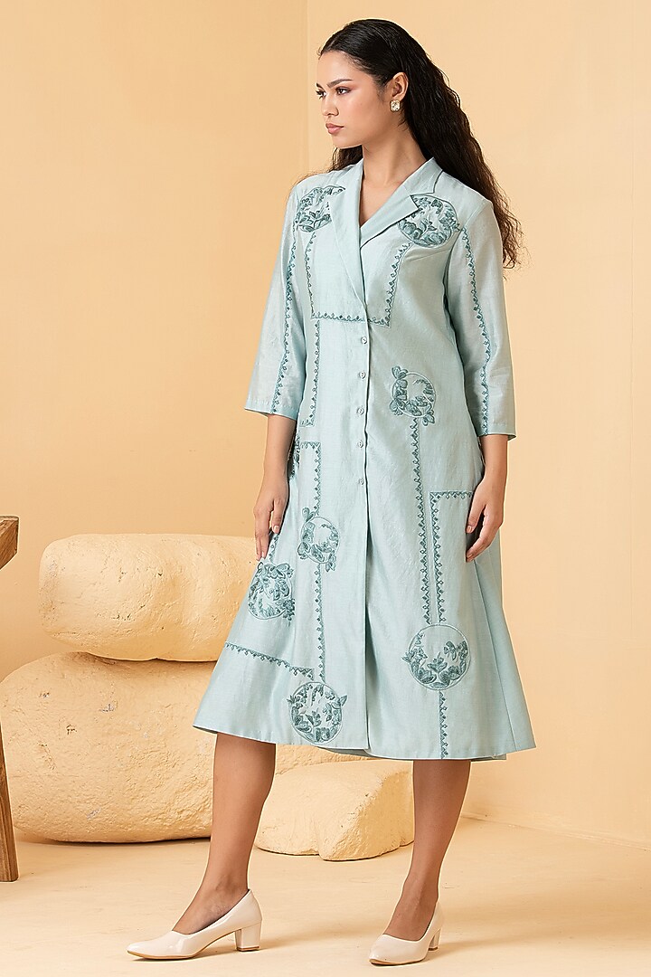 Powder Blue Pure Chanderi Thread Embroidered Coat Vacation Dress by Divi by Sonal at Pernia's Pop Up Shop