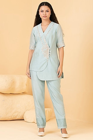 Powder Blue Pure Chanderi Zari Embroidered Co-Ord Set by Divi by Sonal