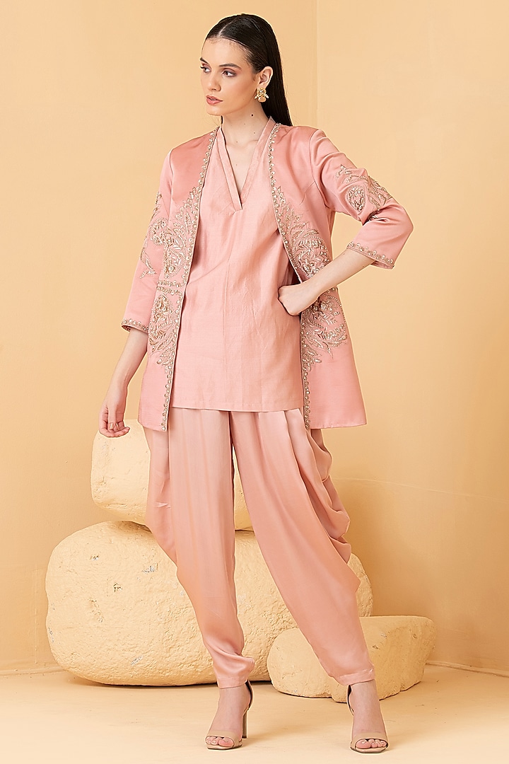 Rose Gold Modal Satin Zari Embroidered Jacket Set by Divi by Sonal