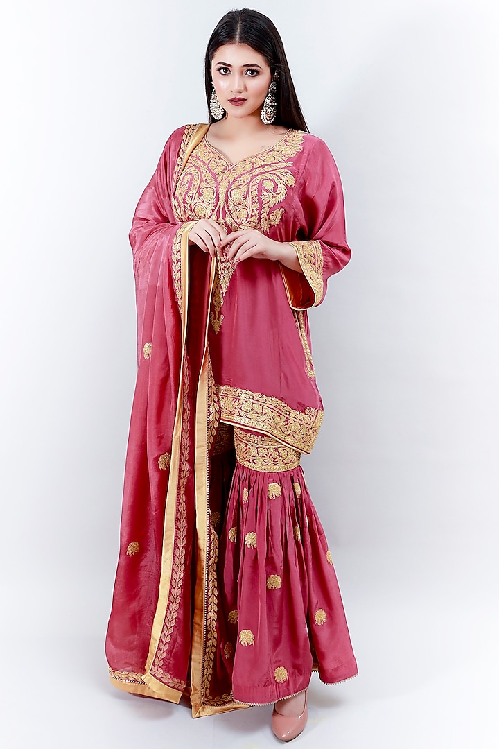 Peony Pink Crepe Tilla Machine Embroidered Gharara Set by Daljit Sudan