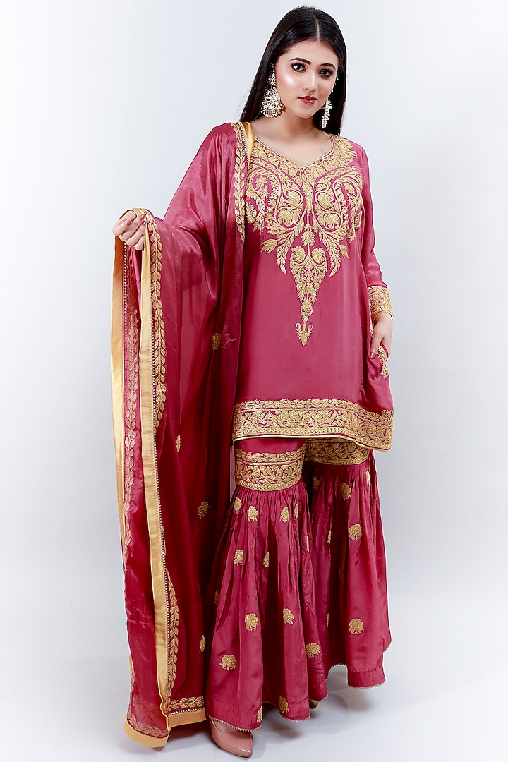 Peony Pink Crepe Tilla Machine Embroidered Gharara Set by Daljit Sudan at Pernia's Pop Up Shop