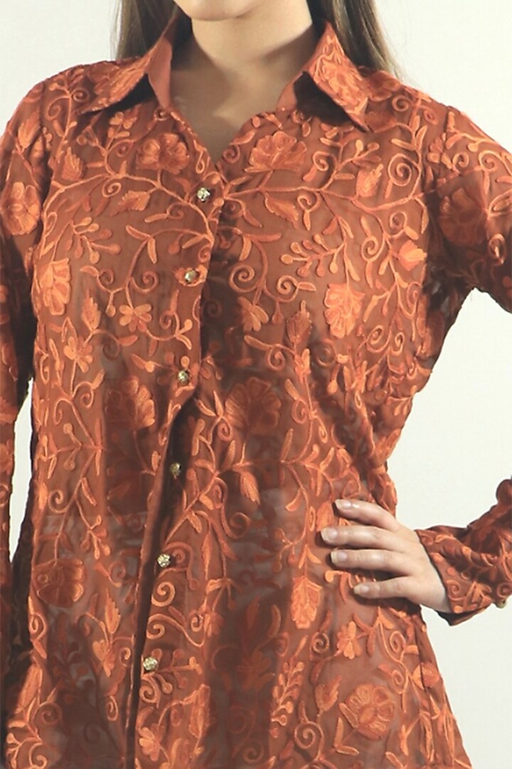 Rust Embroidered Shirt by Daljit Sudan at Pernia's Pop Up Shop
