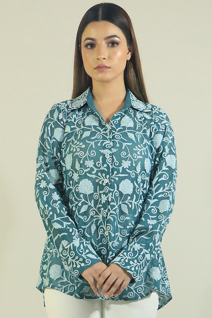 Teal Embroidered Shirt by Daljit Sudan