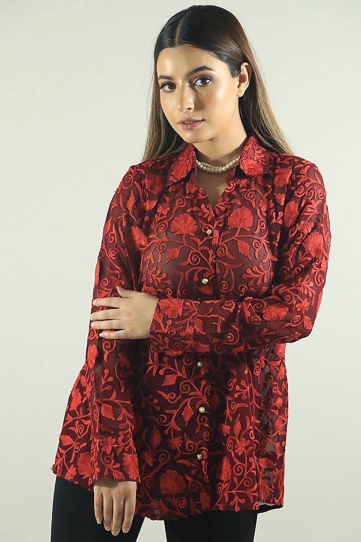 Maroon Georgette Embroidered Shirt by Daljit Sudan
