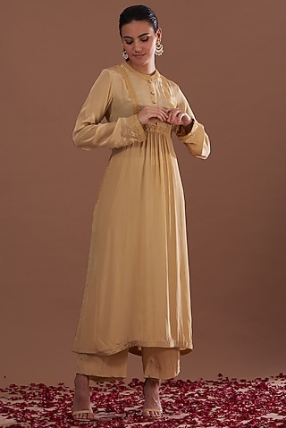 Beige Embroidered Kurta Set by Daljit Sudan
