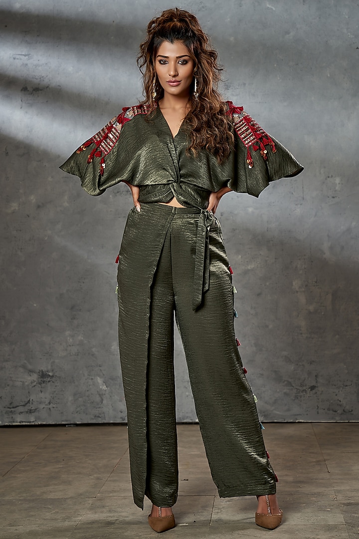 Olive Green Silk Suede Co-Ord Set by Aditi Somani