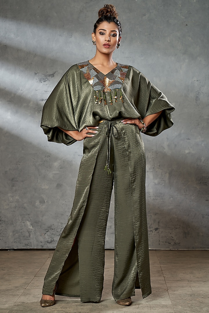 Olive Green Hand Embroidered Co-Ord Set by Aditi Somani
