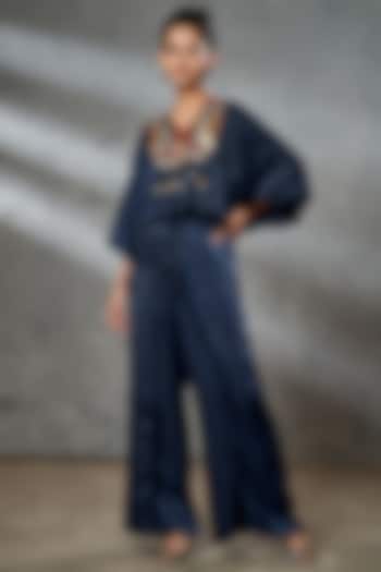 Navy Blue Hand Embroidered Co-Ord Set by Aditi Somani at Pernia's Pop Up Shop