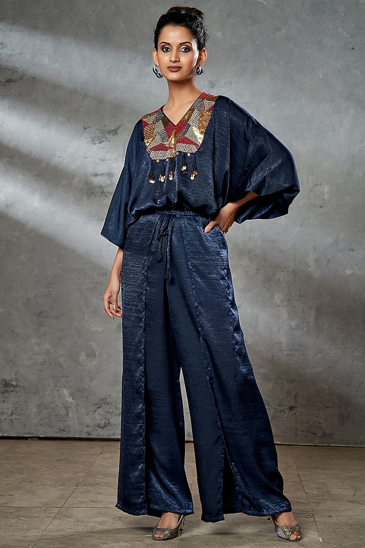 Navy Blue Hand Embroidered Co-Ord Set by Aditi Somani at Pernia's Pop Up Shop