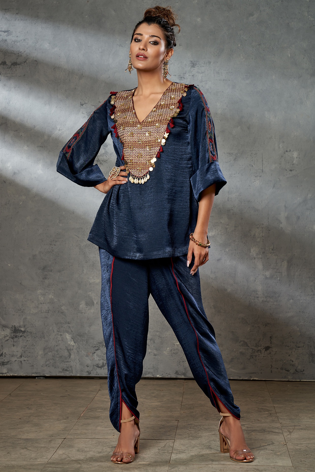 Buy Blue Dupion Silk Embroidery U Neck Embellished Cape And Dhoti Pant Set  For Women by Jade By Ashima Online at Aza Fashions.