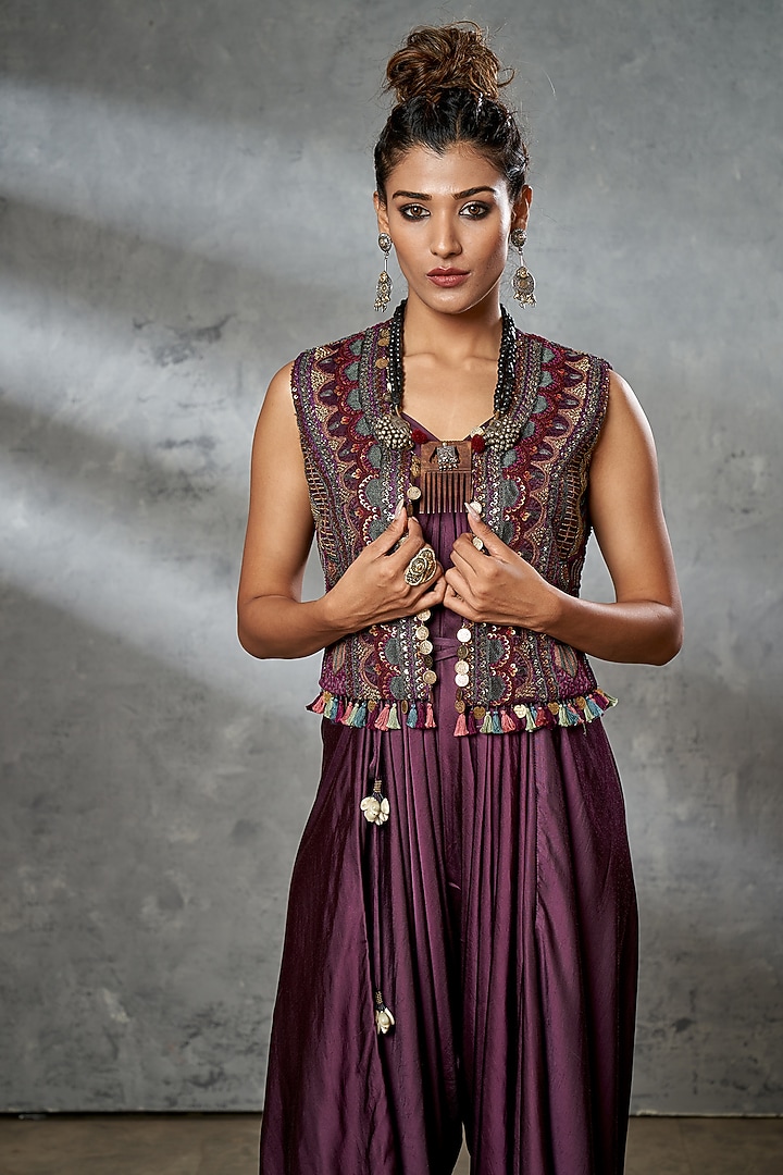 Wine Dhoti Silk Jumpsuit With Jacket by Aditi Somani at Pernia's Pop Up Shop