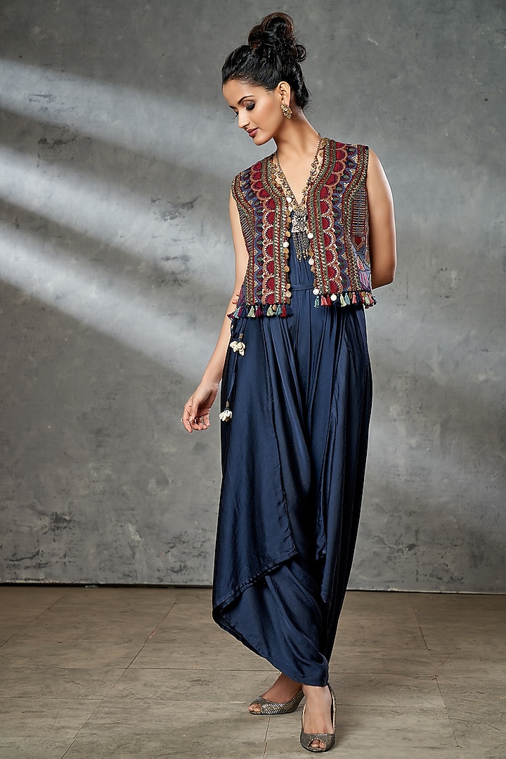 Navy Blue Suede Dhoti Jumpsuit With Jacket by Aditi Somani