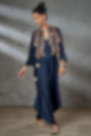 Navy Blue Silk Suede Dhoti Jumpsuit With Jacket by Aditi Somani