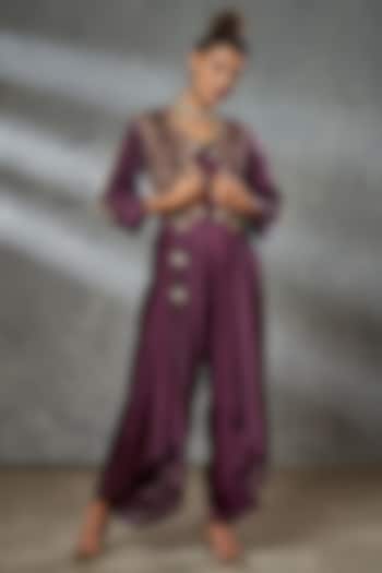 Wine Silk Suede Dhoti Jumpsuit With Jacket by Aditi Somani
