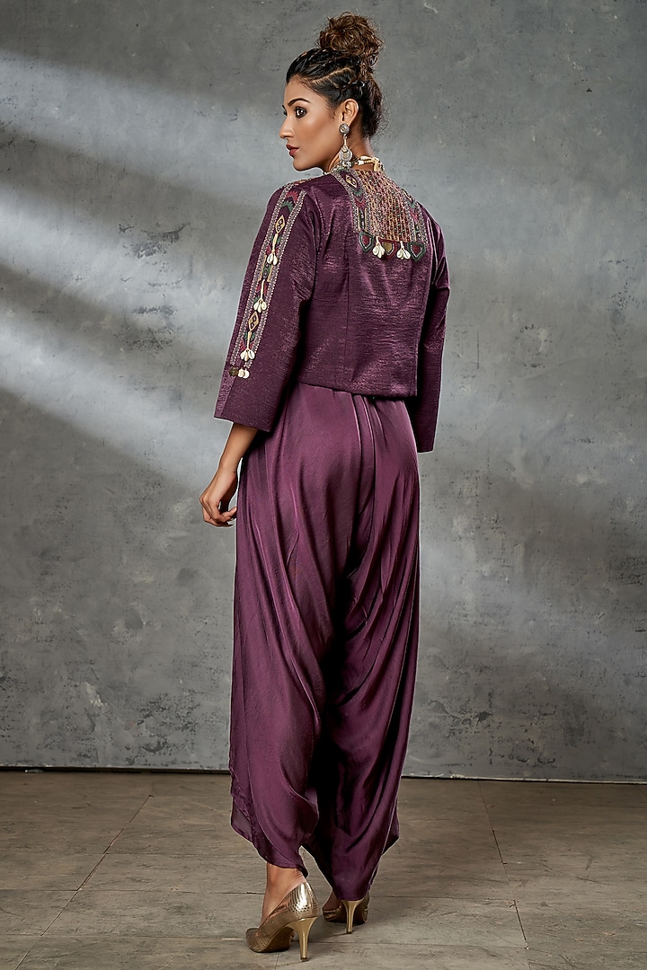 Wine Silk Suede Dhoti Jumpsuit With Jacket by Aditi Somani at Pernia's Pop Up Shop